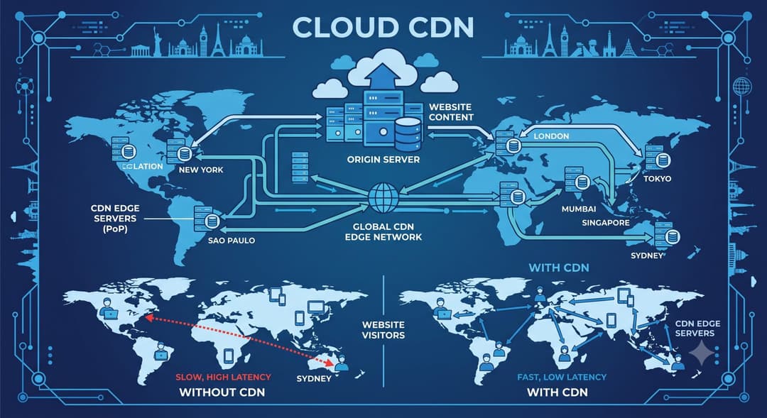 Cloud CDN network connecting multiple servers to website visitors around the world, blue flat illustration