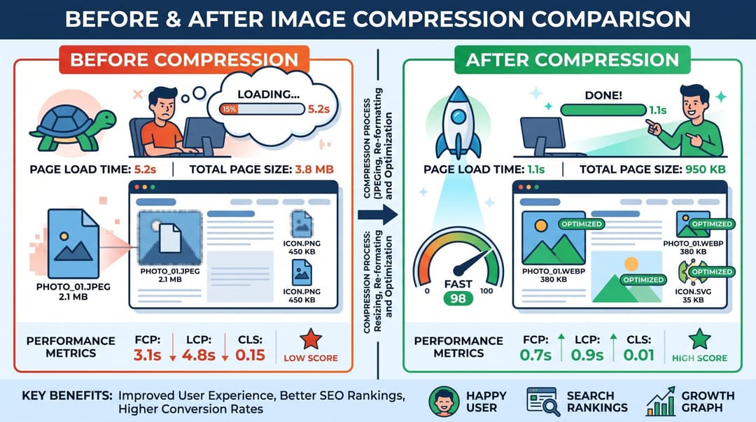 Before and after image compression comparison, website loading faster, clean illustration.
