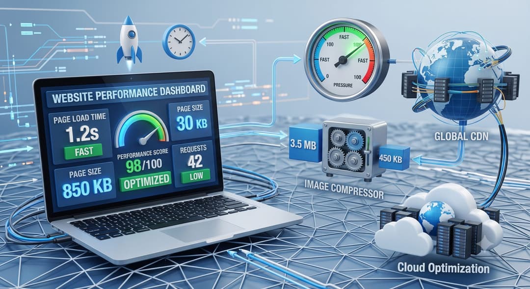 Business owner looking at website speed dashboard, loading bar turning green, modern office, flat illustration.