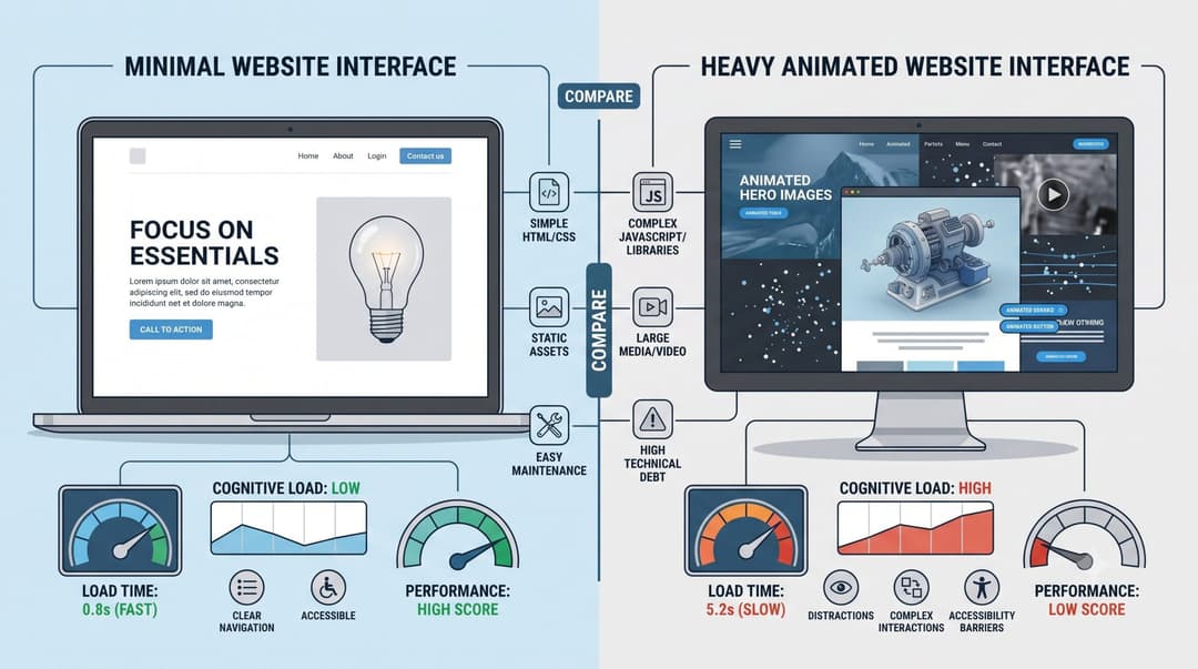 Minimal website interface compared with heavy animated website, clean comparison illustration.