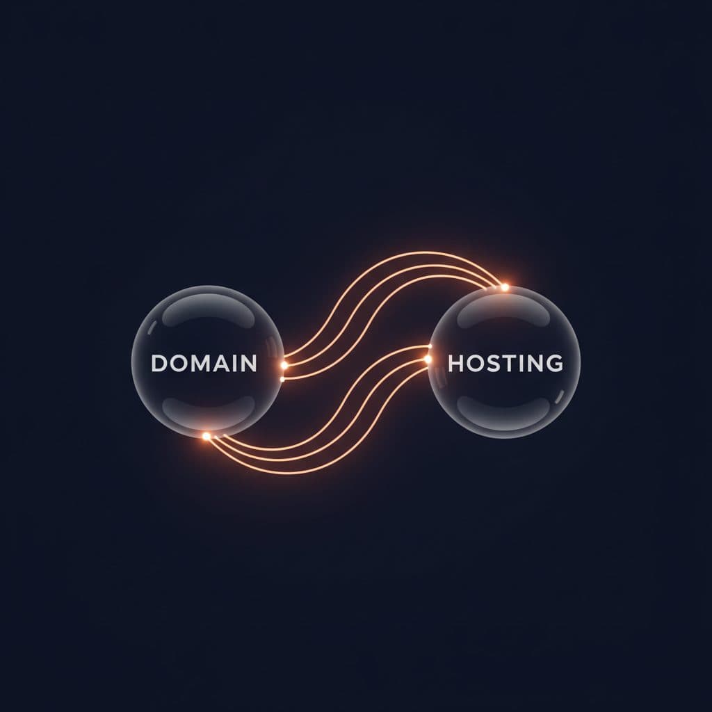 A minimalist illustration of two interconnected digital spheres, one labeled 'Domain' and the other 'Hosting', with glow