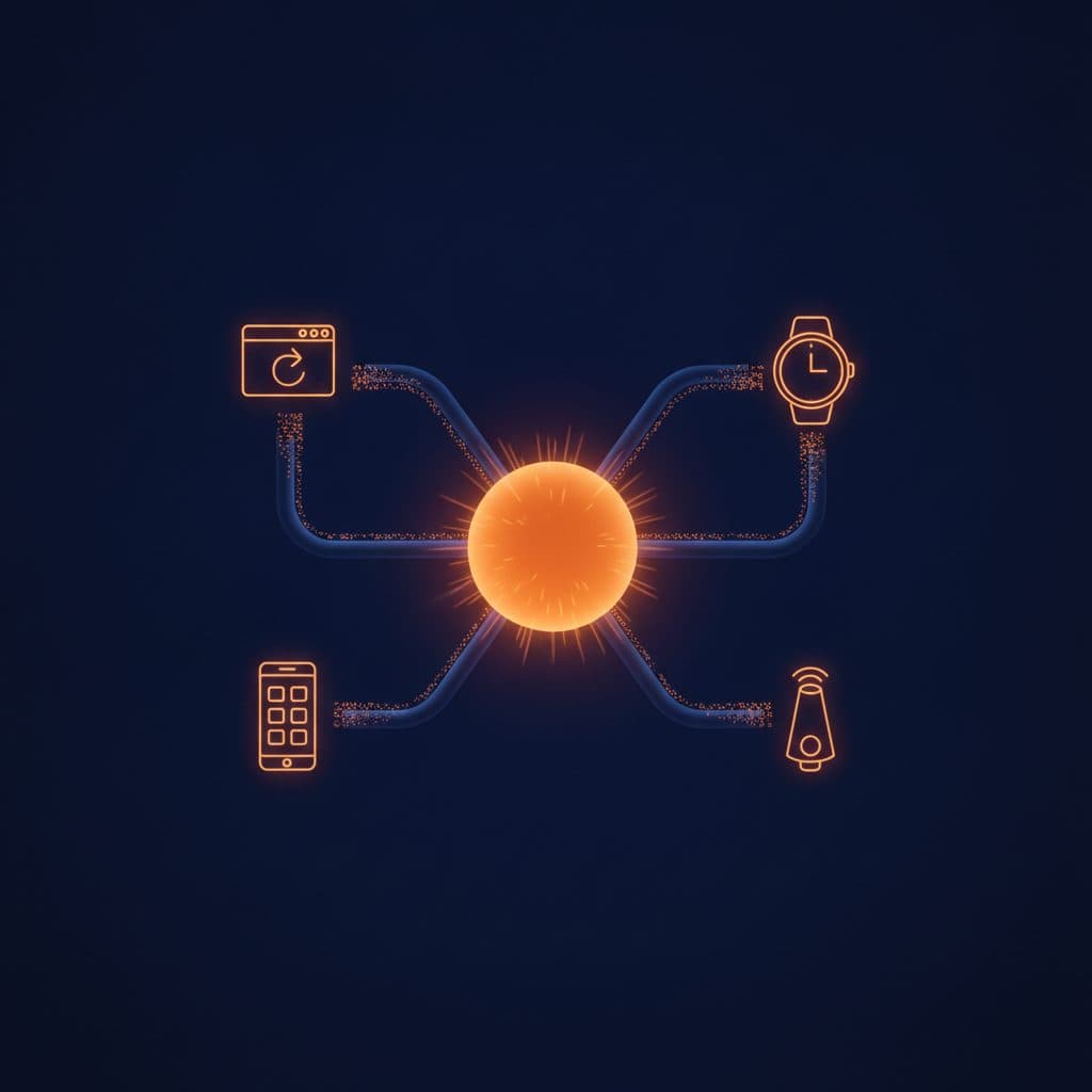 A stylized network diagram showing data flowing from a central content repository (glowing orange sphere) through multip