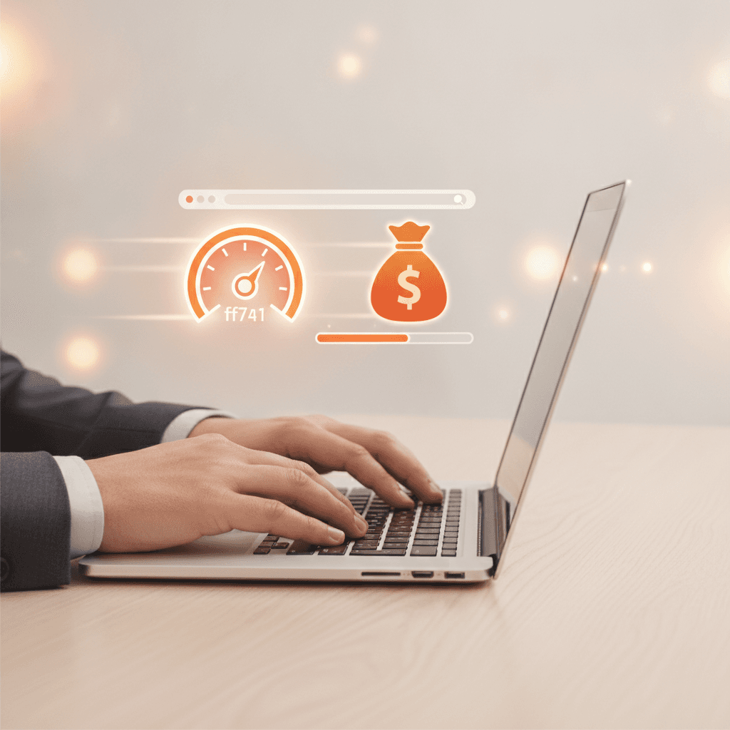 A businessman looking at a laptop screen with a fast loading website, showing a speed dial icon, and a money bag icon, r