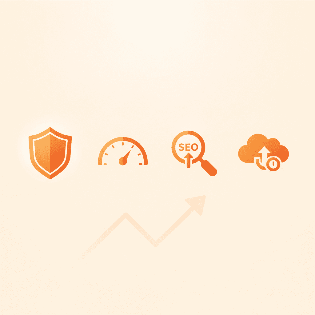 A minimalist illustration of several essential WordPress plugins as icons (e.g., a shield for security, a speedometer fo