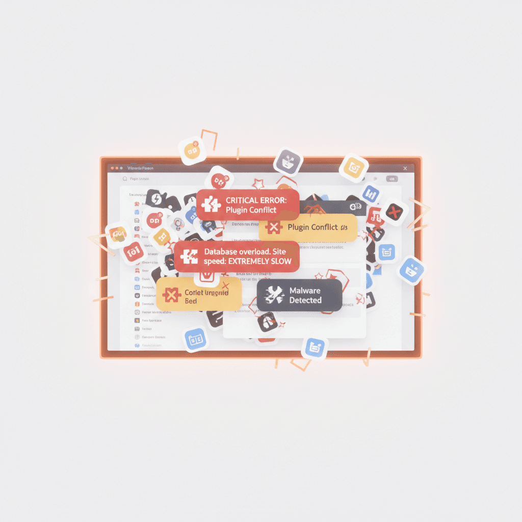 A cluttered and slow WordPress website interface with multiple conflicting plugin icons overlapping, showing error messa