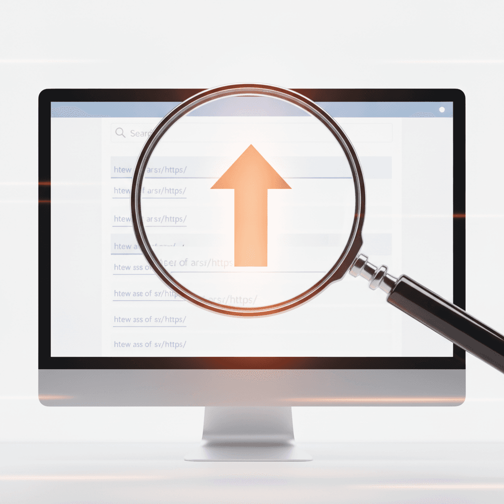 A magnifying glass hovering over a computer screen displaying search results, with a glowing orange arrow pointing upwar