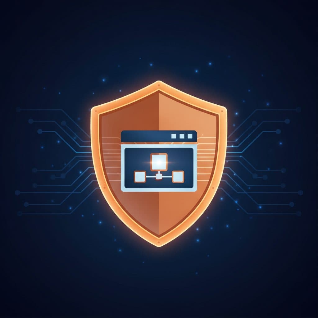 A glowing orange shield icon protecting a stylized website or server icon, with abstract network lines in deep navy back