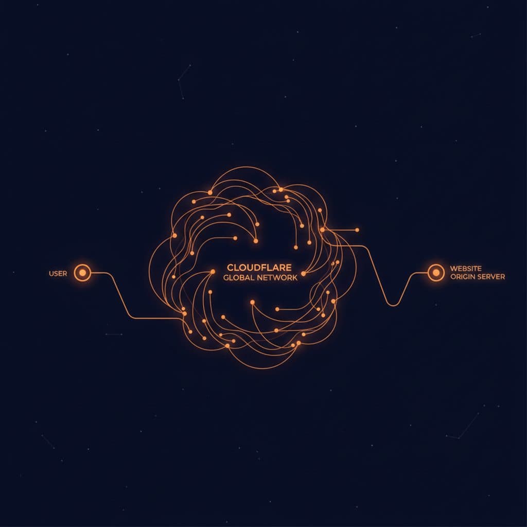 A simplified network diagram showing a user connecting to Cloudflare's global network, which then intelligently routes t