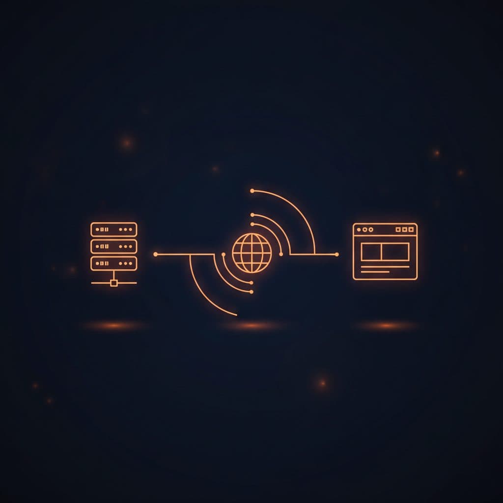 A stylized graphic showing three interconnected abstract elements representing a domain name (a network address icon), w