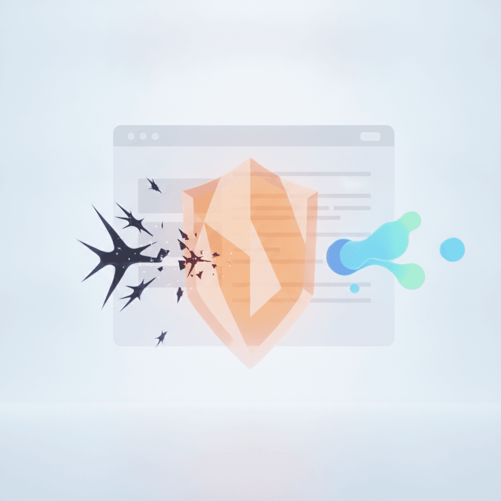 A clear visual metaphor of a digital shield or a gatekeeper standing in front of a simplified website interface, blockin