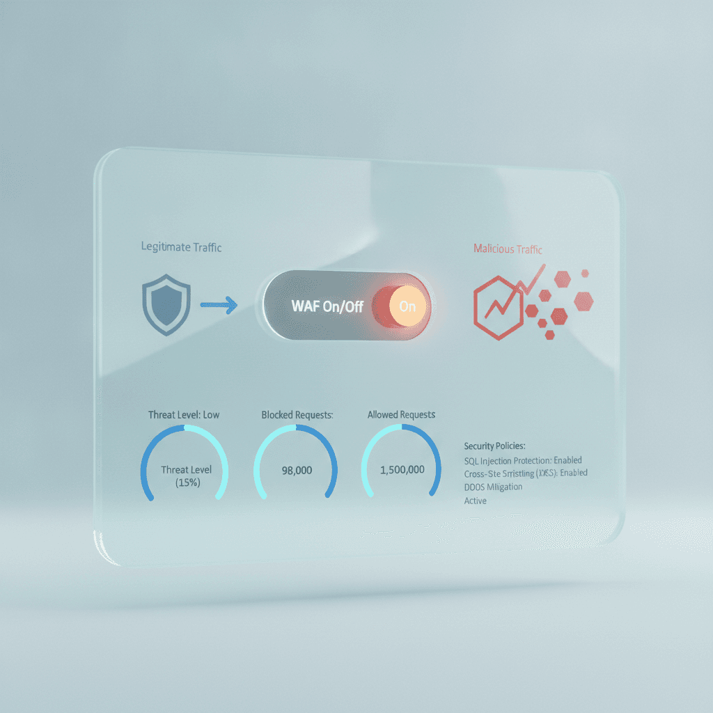 A simple, clean illustration of a control panel or dashboard screen with various security metrics and settings. A promin