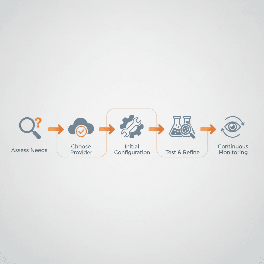 A stylized flowchart or roadmap showing the steps of WAF implementation: Assess Needs -> Choose Provider -> Initia