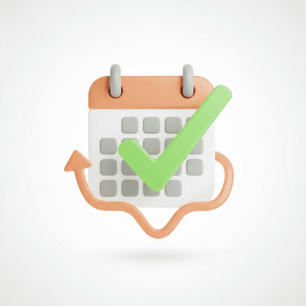 A calendar icon showing regular updates with a bright green checkmark, symbolizing proactive maintenance, against a brig