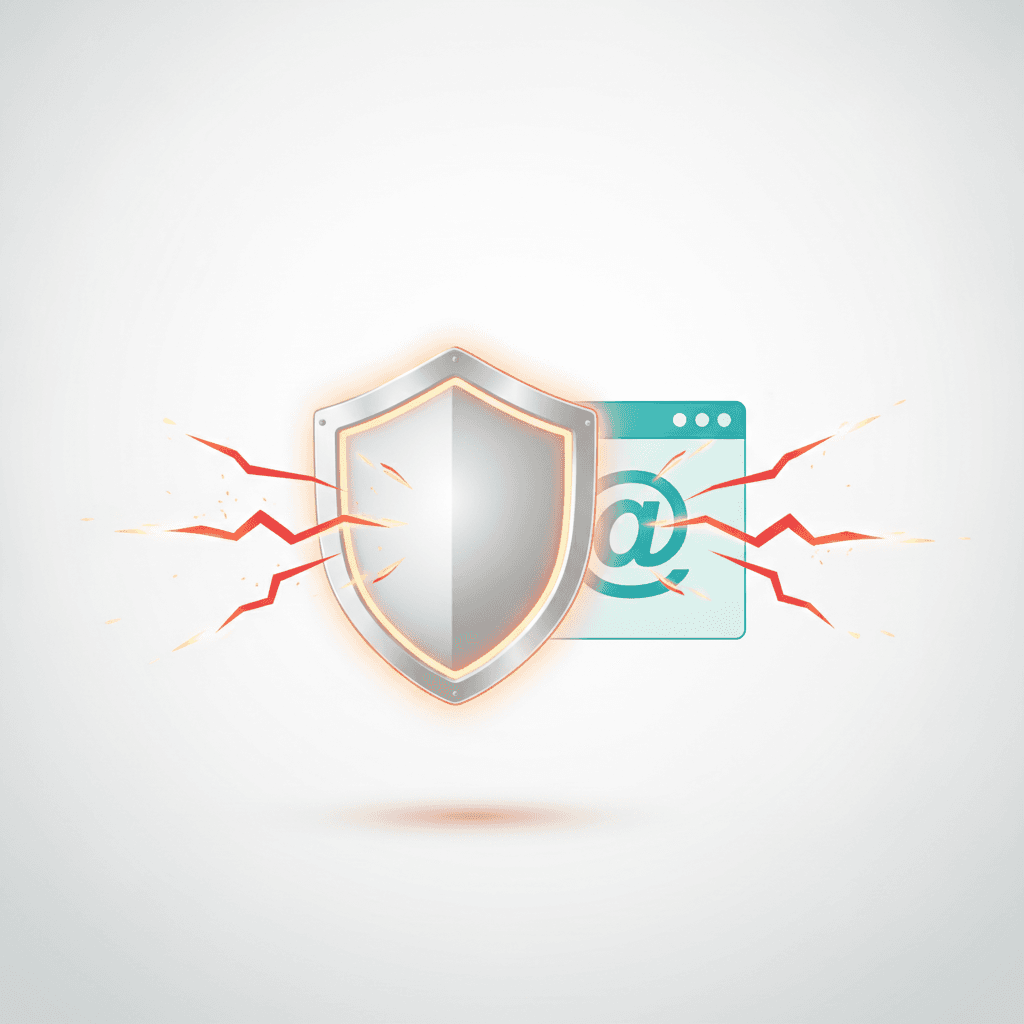 A shield icon protecting a website icon, with lines indicating a breach attempt being blocked, warm orange (#ff7a1a) acc