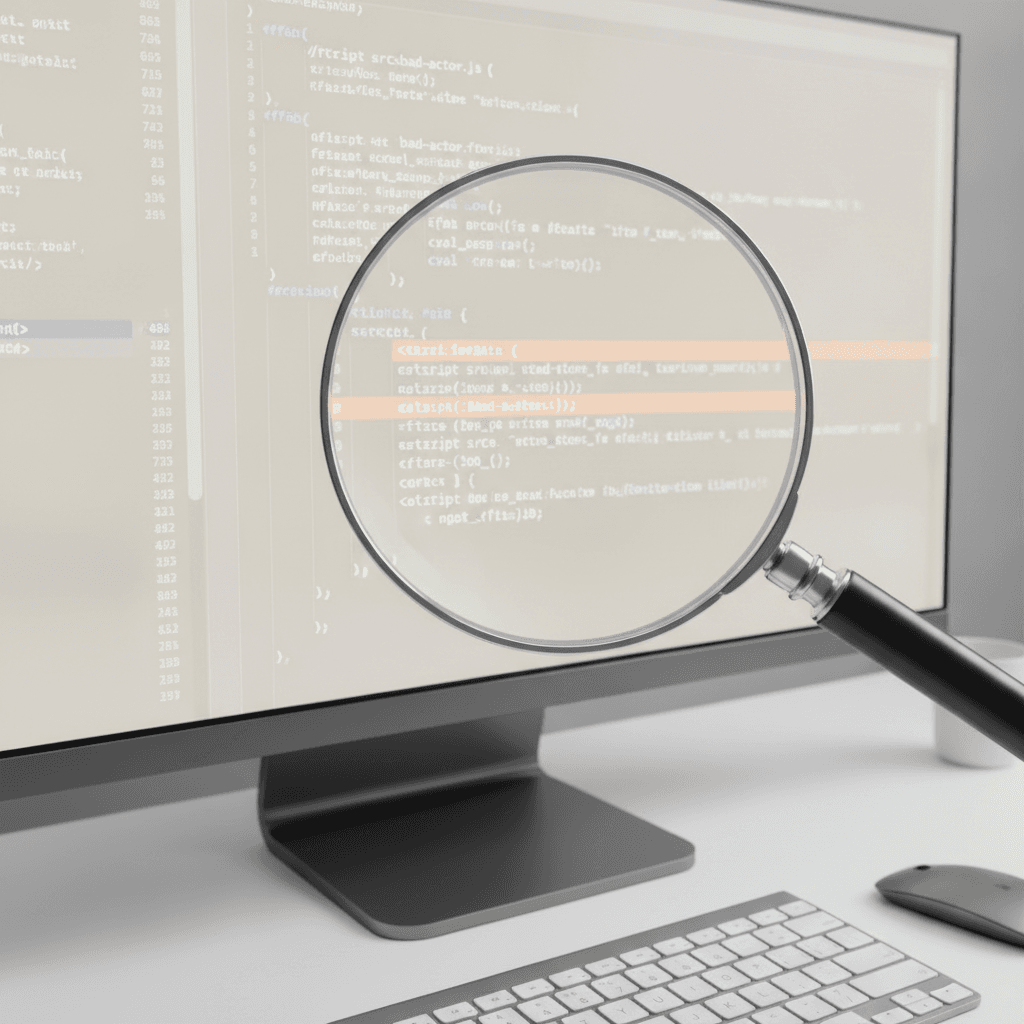 A magnifying glass scanning a website's code for malicious scripts, highlighting suspicious sections in warm orange (#ff