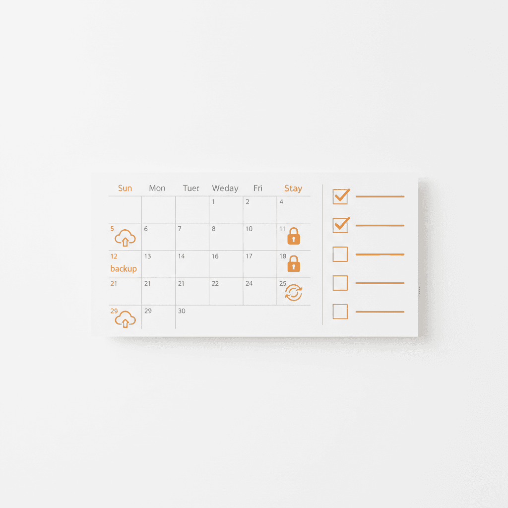 A calendar with recurring backup icons and a checklist for security updates, warm orange (#ff7a1a) highlights, bright cl