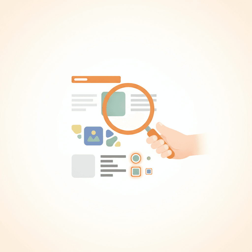 A clean, modern flat illustration showing a website content with various elements like images, text blocks, and a search