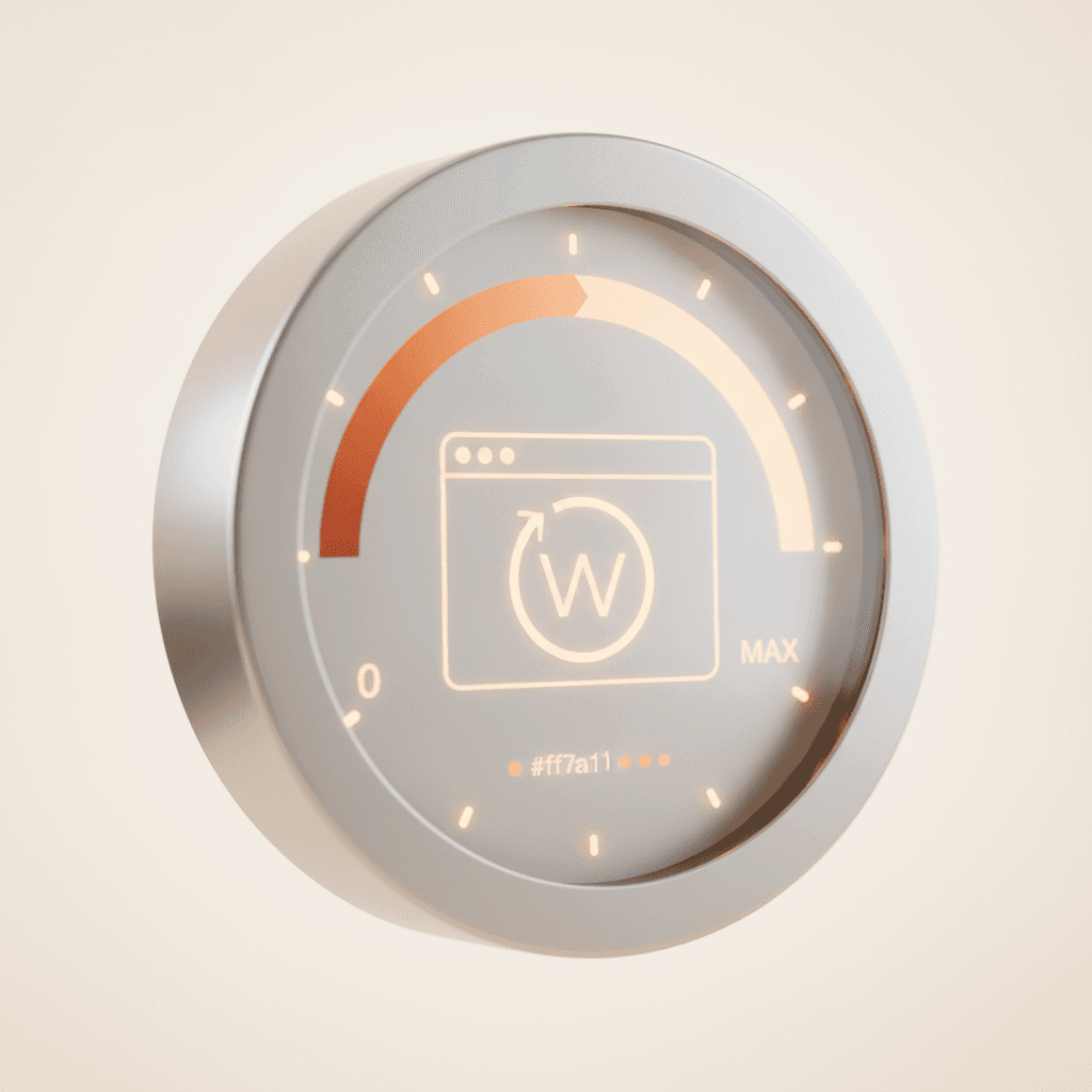 A clock speed dial with a website icon, indicating fast loading, warm orange (#ff7a1a) accents, bright clean modern, sof