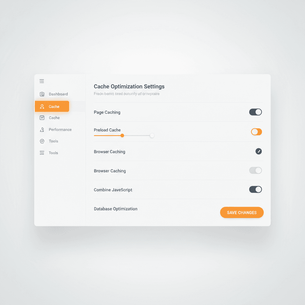 A user-friendly interface of a WordPress caching plugin, showing settings for cache optimization, with orange (#ff7a1a)