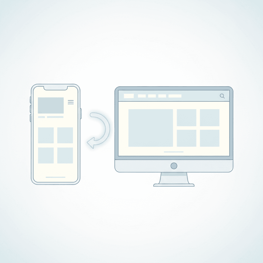 A minimalist illustration of a clean, well-structured website layout on a desktop and mobile device, showing clear navig