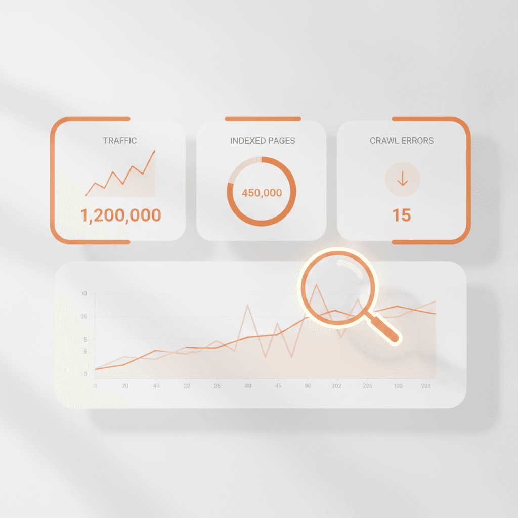 A dashboard interface displaying various website performance metrics like traffic, indexed pages, and crawl errors, with