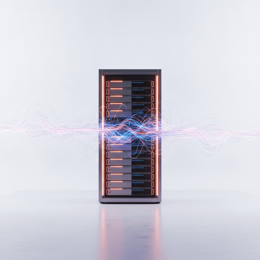 A powerful server rack with data flowing smoothly, represented by glowing lines, on a very light background. The server