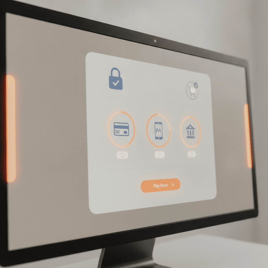 A secure online payment interface on a computer screen with various payment method icons (credit card, mobile wallet). A