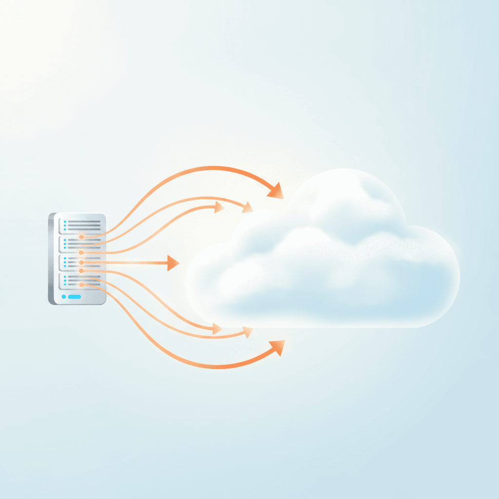 A clear visual representation of data backup to the cloud, with multiple arrows pointing from a server icon to a cloud i
