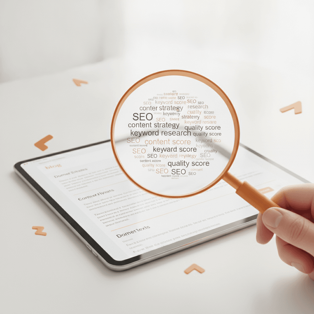 A magnifying glass highlighting a section of text on a tablet screen, symbolizing content quality and keyword relevance