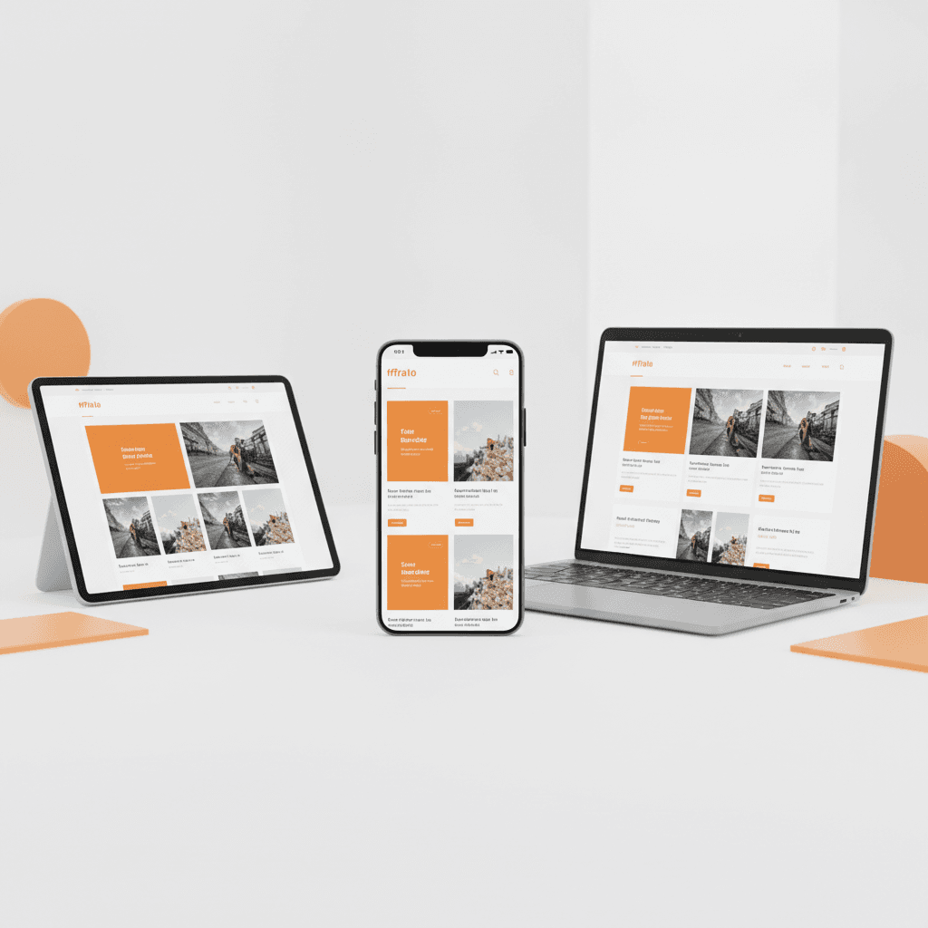A smartphone displaying a perfectly responsive website layout, surrounded by various other digital devices (tablet, lapt