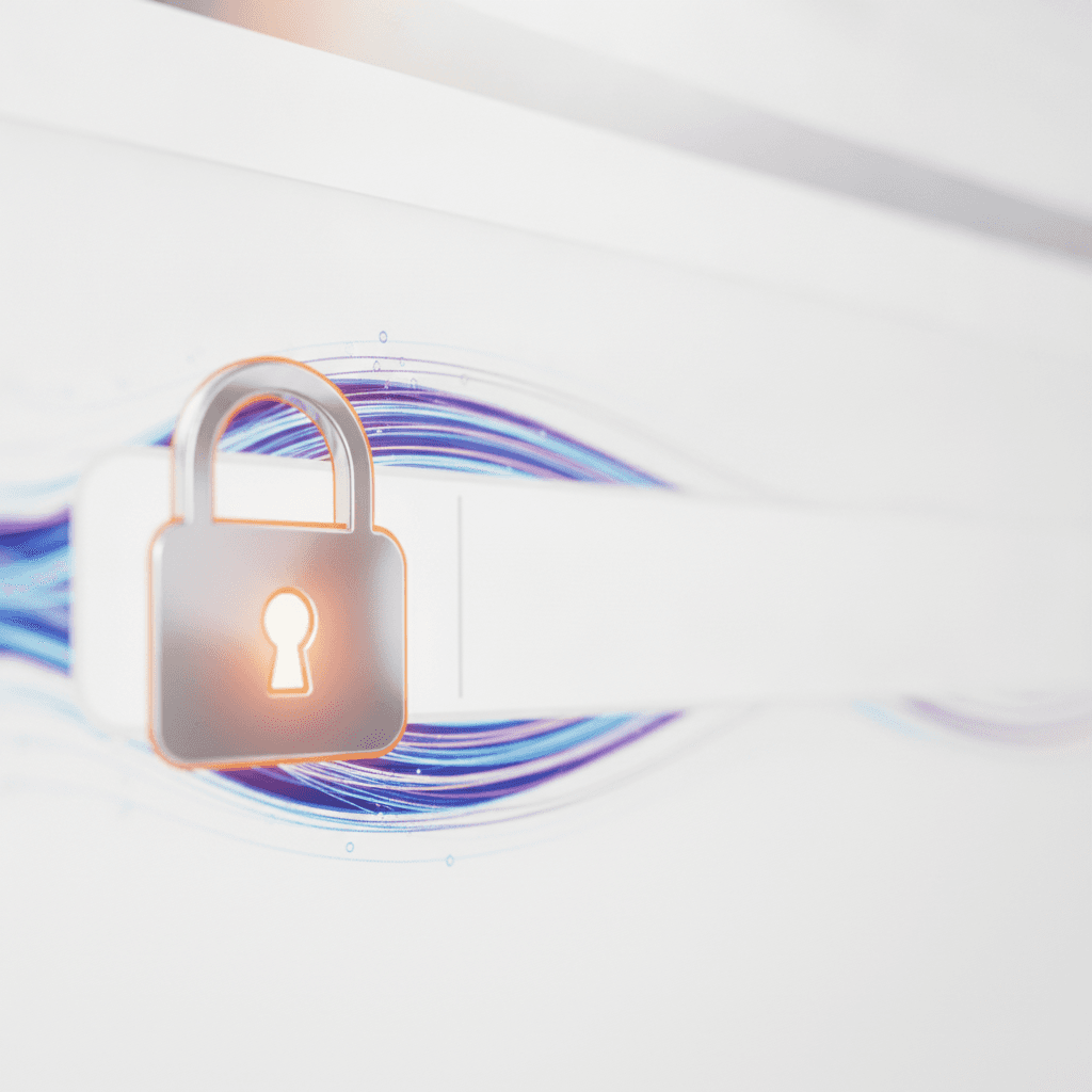 A secure padlock icon displayed prominently on a web browser address bar, indicating an HTTPS connection. Data streams a